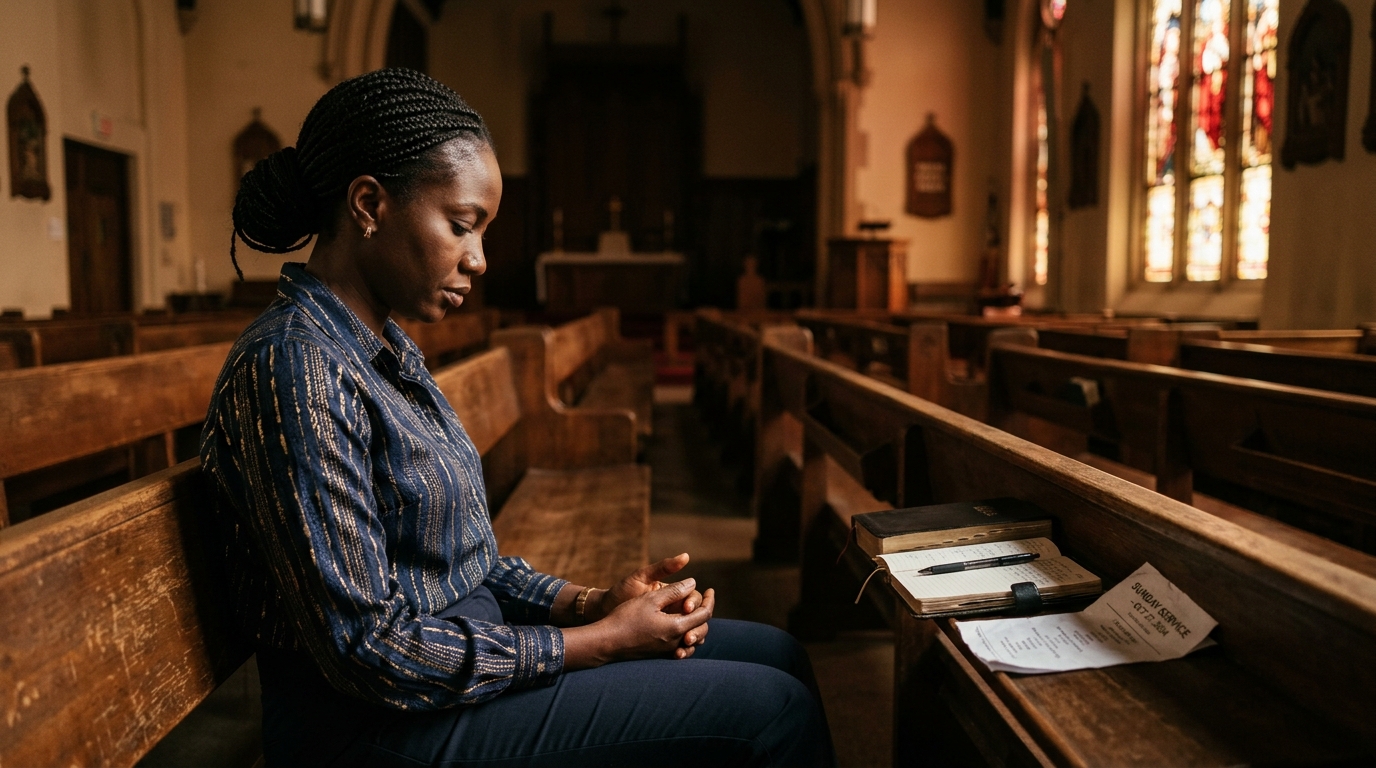 Christian woman sitting alone in church pew after service